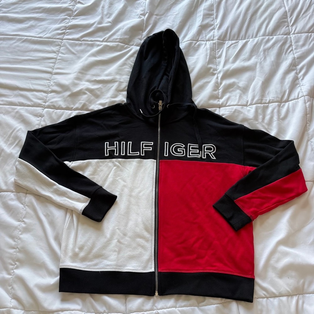 Tommy Hilfiger Sport Mens Medium Colorblock Full Zip Hoodie Red White Black